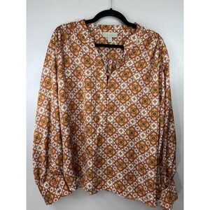 NWT Ryegrass Plus Size Long Sleeved Orange Print Blouse W V Neck Office Size XXL
